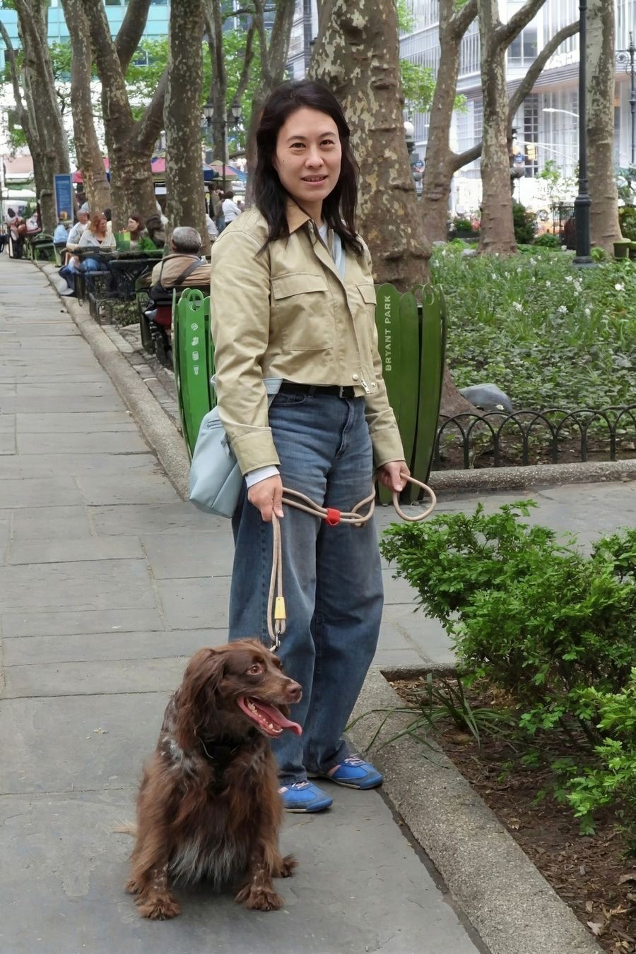 Coral, a chestnut-pied Épagneul de Saint-Usuge, alert and seated on a leash with my sister Vicki standing beside her in Bryant Park.