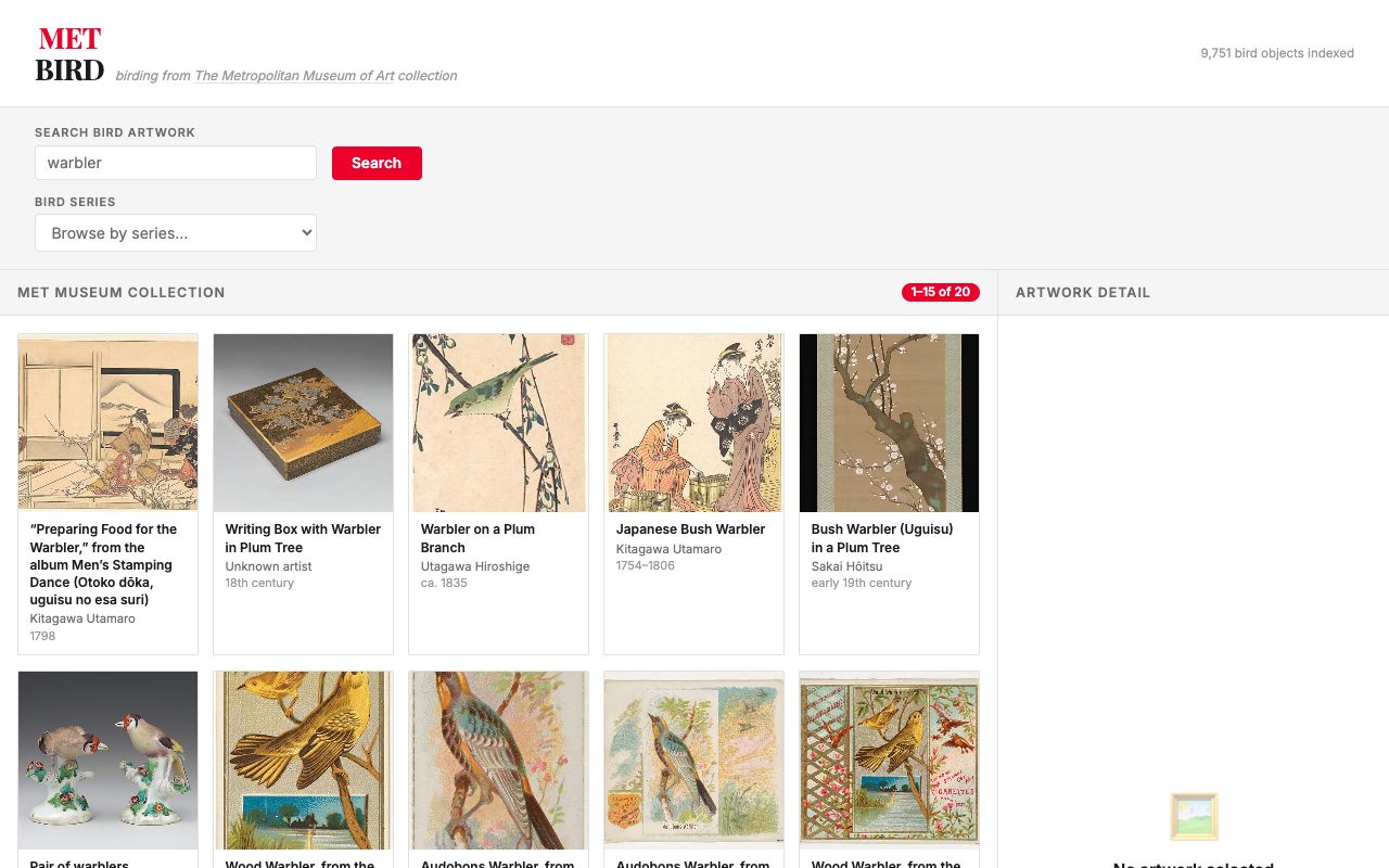 Screenshot of METBird with 'warbler' typed in the search box, showing Met Museum results: Kitagawa Utamaro's 1798 woodblock 'Preparing Food for the Warbler,' an 18th-century writing box with warbler-and-plum-tree decoration, Hiroshige's 1835 'Warbler on a Plum Branch,' two more Japanese warbler prints, and Audubon warbler plates. 9,751 bird objects indexed, top right.