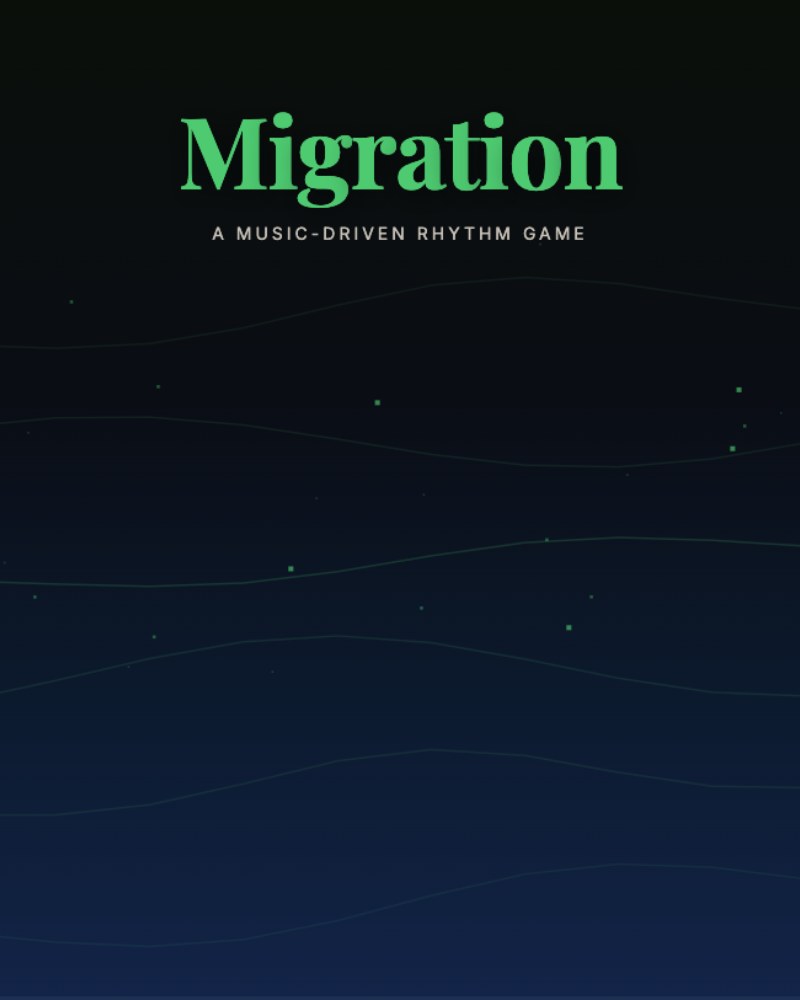 Hero image for Migration: a bird in flight across a stylized blue-and-green drift-mode landscape, with the green Playfair Display title 'Migration' overlaid.