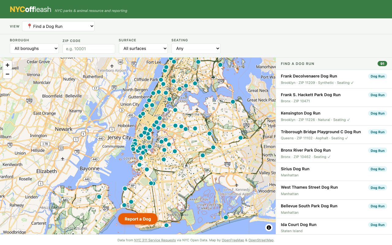 Screenshot of NYC Off-Leash with a five-borough MapLibre map dotted with 91 dog-run pins. The right sidebar lists individual dog runs by name with borough, ZIP, surface, and seating: Frank Decolvenaere (Brooklyn), Frank S. Hackett Park (Bronx), Kensington (Brooklyn), Triborough Bridge Playground C (Queens), Sirius (Manhattan), and others. Filter row at top by borough, ZIP, surface, and seating; orange 'Report a Dog' button at the map's bottom edge.