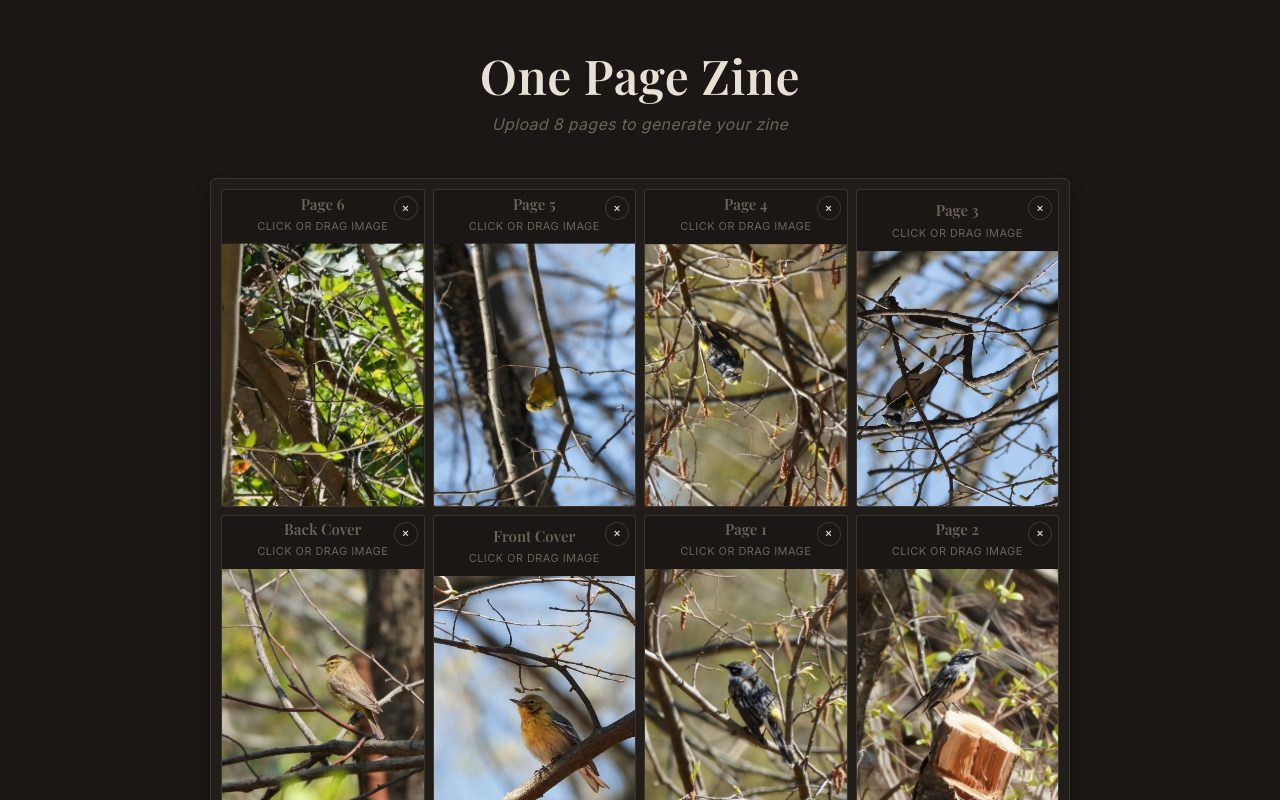 Screenshot of One-Page Zine with all 8 panels populated with warbler photographs in the correct one-cut-one-fold orientation: Page 6, Page 5, Page 4, Page 3 across the top row; Back Cover, Front Cover, Page 1, Page 2 across the bottom. Each panel has a labeled drop zone with a small close button. Tagline: 'Upload 8 pages to generate your zine.'
