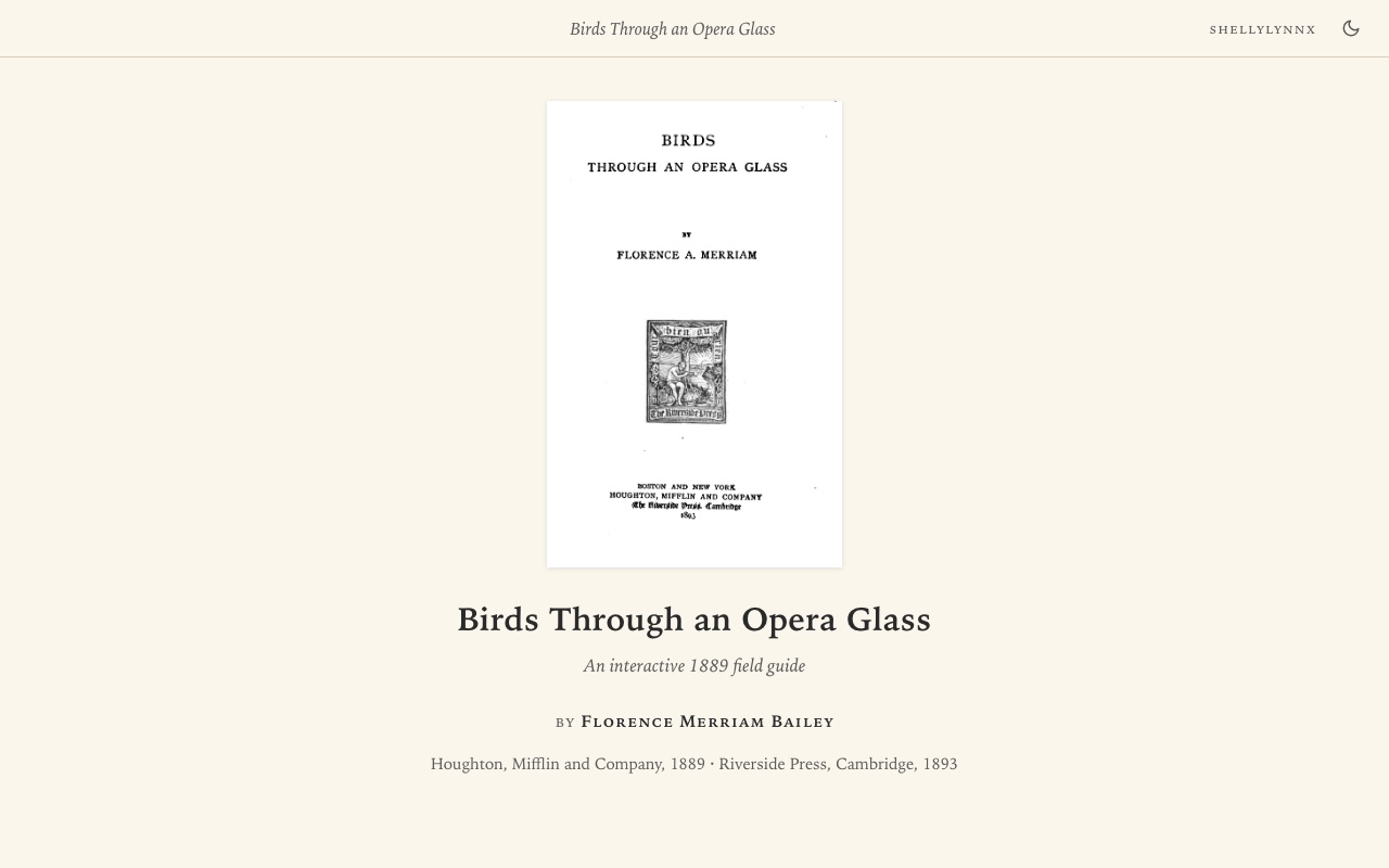 Screenshot of the Opera Glass interactive reader showing the title page of Florence Merriam Bailey's 1889 Birds Through an Opera Glass at the top, with the chapter table of contents listing 'I. The Robin,' 'II. The Crow,' 'III. The Bluebird' and onward.
