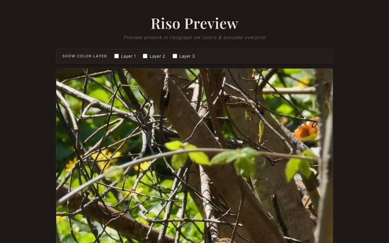 Screenshot of Riso Preview showing a photograph of tangled bare tree branches with green foliage and a partial bright orange flower loaded into the simulator. Three Layer toggles (Layer 1, Layer 2, Layer 3) sit unchecked above the image. Header reads 'Preview artwork in risograph ink colors and simulate overprint.'